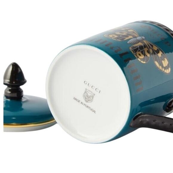 GUCCI XXV Animalium Print Mug Porcelain Butterfly with Lid Blue Black Gold NEW - Picture 8 of 16